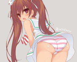 Rule 34 | 10s, 1girl, ass, bare shoulders, blush, brown eyes, brown hair, dark-skinned female, dark skin, hair ornament, hair ribbon, kantai collection, libeccio (kancolle), long hair, looking at viewer, looking back, miko (royal milk), open mouth, panties, ribbon, simple background, solo, striped clothes, striped panties, twintails, underwear, very long hair