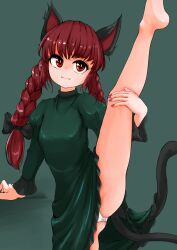 Rule 34 | 1girl, absurdres, animal ears, bare legs, barefoot, black bow, bow, breasts, cat ears, cat tail, closed mouth, dress, eyebrows hidden by hair, feet out of frame, green dress, hair bow, hair ribbon, highres, holding leg, juliet sleeves, kaenbyou rin, light blush, light smile, long hair, long sleeves, looking at viewer, medium breasts, multiple tails, nail polish, nekomata, panties, puffy sleeves, red eyes, red hair, red nails, ribbon, scottie0521, solo, split, standing, standing on one leg, standing split, tail, touhou, tress ribbon, two tails, underwear, upskirt, very long hair, white panties