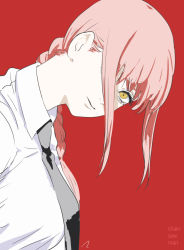 Rule 34 | 1girl, @ @, black necktie, braid, braided ponytail, chainsaw man, closed mouth, collared shirt, eyebrows, eyelashes, female focus, hair over one eye, long hair, looking at viewer, makima (chainsaw man), matahei, necktie, pale skin, pink hair, red background, shirt, sidelocks, simple background, solo, white shirt, yellow eyes