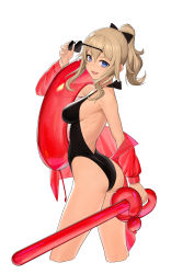 Rule 34 | 1girl, absurdres, adjusting eyewear, ass, backless swimsuit, bare shoulders, blonde hair, bow, breasts, eyewear on head, from side, genshin impact, hair bow, hand on eyewear, highres, holding, holding sword, holding weapon, innertube, jacket, jean (genshin impact), long sleeves, looking at viewer, medium breasts, off shoulder, open mouth, ponytail, red jacket, sideboob, smile, solo, swim ring, swimsuit, sword, weapon, wu yue [vulpes]