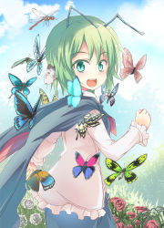Rule 34 | 1girl, antennae, aqua eyes, blouse, blue sky, bug, butterfly, cape, cloud, day, dragonfly, flower, from behind, grass, green hair, hand up, insect, long sleeves, looking at viewer, open mouth, outdoors, red flower, red rose, rose, shirt, sky, smile, solo, suichuu hanabi, touhou, white flower, white rose, wriggle nightbug