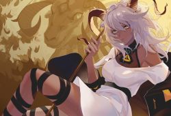 Rule 34 | 1girl, animal, animal ears, arknights, beeswax (arknights), black collar, breasts, collar, dark-skinned female, dark skin, dress, goat, goat ears, goat girl, goat horns, hair between eyes, highres, holding, holding stick, horns, infection monitor (arknights), knee up, leg wrap, looking at viewer, parted lips, short hair, single bare shoulder, small breasts, solo, stick, white dress, white hair, yellow background, yellow eyes, yumingtongxue
