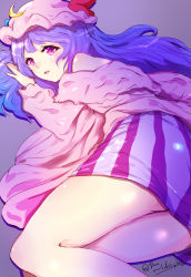 Rule 34 | 1girl, crescent, dress, gradient background, hat, highres, long hair, long sleeves, looking at viewer, lying, mayonaka taruho, mob cap, off shoulder, on side, open mouth, patchouli knowledge, pink eyes, purple hair, smile, solo, striped clothes, striped dress, touhou, twitter username, vest