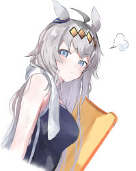 Rule 34 | 1girl, ahoge, animal ears, bare arms, bare shoulders, black one-piece swimsuit, blue eyes, breasts, commentary request, cropped torso, from side, grey hair, ha (hura76752775), highres, horse ears, kickboard, long hair, looking at viewer, looking to the side, medium breasts, multicolored hair, oguri cap (umamusume), one-piece swimsuit, simple background, solo, swimsuit, towel, towel around neck, two-tone hair, umamusume, upper body, very long hair, white background, white hair