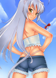 Rule 34 | 10s, 1boy, ahoge, animal ears, ass, braid, bulge, bustier, cat boy, cat ears, cat tail, crossdressing, denim, denim shorts, dog days, from behind, gender request, genderswap, hands on own hips, leonmitchelli galette des rois, long hair, looking back, male focus, shorts, single braid, solo, tail, third-party edit, thong, trap, underwear, white hair, yellow eyes