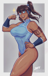 Rule 34 | 1girl, :d, aqua eyes, artist name, avatar legends, bare shoulders, blue leotard, breasts, brown hair, clenched hand, commentary, dark-skinned female, dark skin, english commentary, grey background, hair tubes, hand on own hip, highres, iahfy, korra, large breasts, leotard, long hair, looking at viewer, muscular, muscular female, open mouth, ponytail, simple background, smile, solo, sparkle, tattoo, the legend of korra, thighs