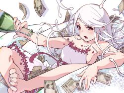 Rule 34 | 1girl, :o, animal, armpits, banknote, barefoot, blush, bottle, bow, breasts, dress, dress bow, dress ribbon, drink, foot out of frame, hair ornament, halftone texture, hatanana (ag6uptphhal3frd), highres, holding, holding bottle, holding drink, holding money, long hair, looking at viewer, looking to the side, lounging, lying, medium breasts, money, monogatari (series), official alternate hair color, on animal, on back, open mouth, oversized animal, pink bow, pink dress, pink ribbon, pouring, pouring onto self, red eyes, ribbon, sake bottle, sengoku nadeko, sideboob, simple background, single bare shoulder, sleeveless, sleeveless dress, snake, snake hair ornament, solo, strap slip, sundress, toes, two-tone dress, white background, white dress, white hair, white snake