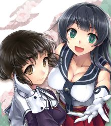 Rule 34 | 10s, 2girls, agano (kancolle), bare shoulders, black hair, blouse, breasts, brown eyes, brown hair, cleavage, collarbone, ebizome, floral background, from above, gloves, green eyes, hair ornament, hairband, kantai collection, large breasts, light smile, lips, long hair, looking at viewer, miniskirt, multiple girls, myoukou (kancolle), outstretched hand, pleated skirt, purple shirt, reaching, reaching towards viewer, red skirt, school uniform, shirt, short hair, skirt, sleeveless, sleeveless shirt, smile, upper body, white gloves