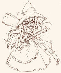 Rule 34 | 1girl, broom, female focus, guitar, hat, instrument, kirisame marisa, monochrome, pink theme, solo, touhou, witch, witch hat