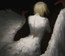 Rule 34 | 1girl, atoroux, back, black background, blonde hair, body fur, centauroid, chimera, dungeon meshi, facing away, falin touden, falin touden (chimera), feathered wings, feathers, highres, monster girl, painterly, realistic, simple background, taur, white feathers, wings