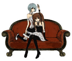 Rule 34 | 2girls, ayanami rei, bare shoulders, black eyes, blue hair, collar, couch, dress, elbow gloves, empty eyes, frills, gloves, gothic lolita, high heels, kneeling, lolita fashion, long hair, multiple girls, neon genesis evangelion, non-web source, pantyhose, red hair, red upholstery, shoes, short hair, souryuu asuka langley, twintails