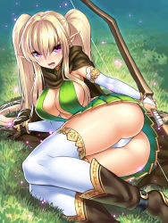 Rule 34 | 1girl, ass, blonde hair, blush, boots, bow (weapon), breasts, bridal gauntlets, cleavage, cloak, elf, gloves, highres, jewelry, large breasts, long hair, looking at viewer, lots of jewelry, lying, open mouth, original, panties, pantyshot, pointy ears, purple eyes, shiny clothes, shiny skin, single glove, skirt, solo, thighhighs, thong, twintails, underwear, upskirt, weapon, white panties, white thighhighs, yapo (croquis side)