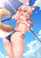 Rule 34 | 10s, 1girl, animal ear fluff, animal ears, arm up, ass, bad id, bad pixiv id, bikini, blue bikini, blue sky, blush, bracelet, breasts, cloud, commentary request, cowboy shot, day, fang, fate/extra, fate (series), fox ears, fox tail, from behind, hair between eyes, halterneck, highres, holding, jewelry, large breasts, looking at viewer, looking back, one eye closed, open mouth, outdoors, parasol, pink hair, side-tie bikini bottom, sky, solo, spicy moo, standing, starfish, string bikini, swimsuit, tail, tamamo (fate), tamamo no mae (fate/extra), tamamo no mae (swimsuit lancer) (fate), transparent, umbrella, yellow eyes