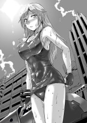 Rule 34 | 10s, 1girl, alisa ilinichina amiella, armpits, blush, breasts, covered erect nipples, covered navel, fingerless gloves, from below, gloves, god eater, god eater burst, greyscale, lithiumia, long hair, looking at viewer, monochrome, one-piece swimsuit, school swimsuit, shiny clothes, solo, swimsuit, weapon, wet, wet clothes