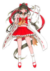 Rule 34 | 1girl, absurdly long hair, adapted costume, bad id, bad pixiv id, black hair, bow, detached sleeves, female focus, full body, gohei, grey eyes, hair bow, hair tubes, hakurei reimu, long hair, long sleeves, looking at viewer, mary janes, midriff, midriff peek, navel, neckerchief, nod, ofuda, oonusa, ponytail, red footwear, serious, shaded face, shirt, shoes, simple background, skirt, socks, solo, spell card, touhou, very long hair, white background, white socks, wide sleeves