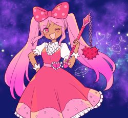 Rule 34 | 1girl, bow, dark-skinned female, dark skin, dress, flail, hair bow, hand on own hip, heart, long hair, omori, one eye closed, open mouth, pink dress, pink eyes, pink hair, polka dot, polka dot bow, sidelocks, smile, solo, sprout mole, sweetheart (omori), tsunoji, twintails, very long hair, weapon, wrist cuffs