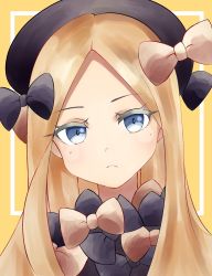 Rule 34 | 1girl, abigail williams (fate), artist request, black bow, black hat, black neckwear, blue eyes, bow, commentary request, fate/grand order, fate (series), frown, hair bow, hat, highres, long hair, looking at viewer, multiple bows, orange bow, orange neckwear, parted bangs, portrait, solo, yellow background