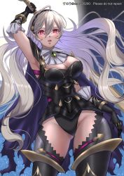 Rule 34 | 1girl, arm up, armpits, black panties, breasts, cleavage, corrin (female) (fire emblem), corrin (fire emblem), elbow gloves, fire emblem, fire emblem fates, fire emblem heroes, gloves, gluteal fold, holding, holding hands, holding sword, holding weapon, long hair, nintendo, official alternate costume, open clothes, panties, pink eyes, snow20200, sword, underwear, very long hair, weapon, yato (fire emblem)