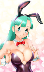 Rule 34 | 1girl, adjusting clothes, animal costume, animal ears, aqua eyes, aqua hair, bare arms, bare shoulders, black leotard, blush, bow, bowtie, breast press, breasts, bulma, cleavage, closed mouth, dragon ball, dragon ball (classic), fake animal ears, gradient background, hands up, head tilt, heart, heart background, highres, large breasts, leotard, long hair, looking at viewer, matching hair/eyes, neck, playboy bunny, rabbit ears, red bow, red bowtie, smile, strapless, ueyama michirou, wrist cuffs