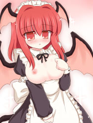Rule 34 | 1girl, alternate costume, apron, bat wings, breastless clothes, breasts, embodiment of scarlet devil, enmaided, female focus, gradient background, head wings, koakuma, large breasts, long hair, maid, maid apron, maid headdress, nipples, red eyes, red hair, ry (yagoyago), solo, touhou, white background, wings