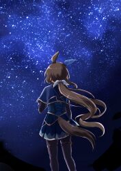 Rule 34 | 1girl, admire vega (umamusume), animal ears, black pantyhose, blue cape, blue dress, bow, brown hair, cape, clothing cutout, commentary request, dress, ear covers, feet out of frame, from behind, highres, horse ears, horse girl, horse tail, long hair, night, night sky, outdoors, pantyhose, ponytail, sangria (sangria69), single ear cover, sky, solo, star (sky), starry sky, tail, tail through clothes, thigh strap, umamusume, white bow