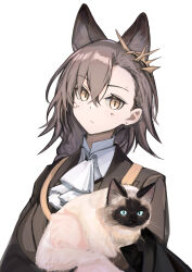 Rule 34 | 1girl, absurdres, animal, animal ears, arknights, black coat, brown hair, cat, closed mouth, coat, collared shirt, commentary request, earrings, extra ears, hair between eyes, highres, holding, holding animal, holding cat, jacket, jewelry, long hair, long sleeves, looking at viewer, mole on forehead, oyatsuming, penance (arknights), shirt, siamese cat, simple background, stud earrings, white background, wolf ears, wolf girl, yellow eyes