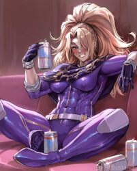 Rule 34 | 1girl, blonde hair, blush, bodysuit, boots, bracelet, can, commission, couch, crossed legs, dungeons &amp; dragons, freckles, gloves, green eyes, hair over eyes, highres, jewelry, long hair, muscular, muscular female, purple bodysuit, robusta mania, scarf, sleeves rolled up, solo