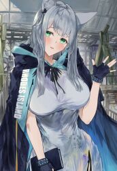 Rule 34 | 1girl, absurdres, aged up, animal ear fluff, animal ears, arknights, book, breasts, cat ears, cat girl, cloak, dress, earpiece, fingerless gloves, gloves, green eyes, grey hair, hand up, highres, holding, holding book, hood, hood down, hooded cloak, infection monitor (arknights), kajuu, large breasts, long hair, looking at viewer, rosmontis (arknights), waving, white dress