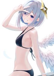 Rule 34 | 1girl, amane kanata, angel, angel wings, bare shoulders, bikini, black bikini, blue hair, blush, breasts, colored inner hair, commentary request, cowboy shot, feathered wings, grey hair, grin, hair ornament, halo, halterneck, hand up, highres, hololive, looking at viewer, multicolored hair, pink hair, purple eyes, short hair, simple background, single hair intake, small breasts, smile, solo, standing, star halo, streaked hair, string bikini, swimsuit, tataki worker, v, virtual youtuber, white background, wings