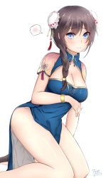 Rule 34 | 1girl, alternate costume, artist name, azur lane, black footwear, blue dress, blush, braid, breasts, bun cover, china dress, chinese clothes, cleavage, cleavage cutout, clothing cutout, curacoa (eastern grace) (azur lane), curacoa (azur lane), curacoa (eastern grace) (azur lane), dated, dress, flower, gold trim, hair between eyes, kneeling, large breasts, pelvic curtain, pink flower, polar (admiral pola), short sleeves, side braid, simple background, solo, taut clothes, taut dress, white background