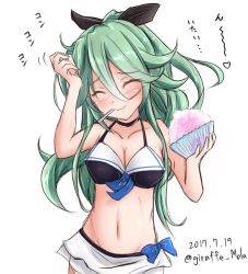 Rule 34 | 10s, 1girl, bikini, blush, brain freeze, breasts, cleavage, collarbone, commentary request, dated, closed eyes, food, giraffe (ilconte), green hair, hair between eyes, ice cream, kantai collection, long hair, medium breasts, navel, simple background, smile, solo, swimsuit, twitter username, utensil in mouth, white background, yamakaze (kancolle)