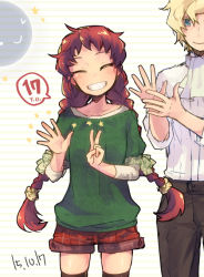 Rule 34 | 1boy, 1girl, black pants, black thighhighs, blue eyes, braid, brown hair, closed eyes, collarbone, cowboy shot, dated, dress shirt, floating hair, green shirt, grin, head tilt, isuzu (log horizon), layered sleeves, log horizon, long hair, long sleeves, looking at another, lunderhaus cord, mo (deciliter), outstretched hand, pants, red shorts, shirt, short over long sleeves, short shorts, short sleeves, shorts, smile, speech bubble, standing, thigh gap, thighhighs, twin braids, twintails, v, very long hair, white background, white neckwear, white shirt, zettai ryouiki