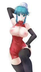 Rule 34 | 1girl, alternate costume, aqua eyes, aqua hair, arm behind head, armpits, bare shoulders, black gloves, black thighhighs, blush, breasts, breasts out, bun cover, china dress, chinese clothes, dress, elbow gloves, gloves, haganef, hair bun, hand on own hip, hip focus, large breasts, leg up, legs, muv-luv, muv-luv alternative, nipples, simple background, single hair bun, solo, thighhighs, thighs, tsukuyomi mana