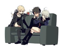 Rule 34 | 1boy, 2girls, ahoge, artoria pendragon (all), artoria pendragon (fate), black hair, blonde hair, boots, breasts, business suit, cleavage, couch, cross, cross necklace, fate/grand order, fate (series), food, formal, french fries, fujimaru ritsuka (male), fujimaru ritsuka (male) (royal brand), fur trim, high heel boots, high heels, imigimuru, jacket, jeanne d&#039;arc (fate), jeanne d&#039;arc alter (fate), jeanne d&#039;arc alter (ver. shinjuku 1999) (fate), jewelry, multiple girls, necklace, necktie, official alternate costume, ponytail, saber alter, saber alter (ver. shinjuku 1999) (fate), silver hair, simple background, sitting, sitting on object, suit, white background, yellow eyes