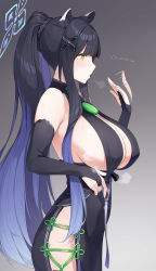 Rule 34 | 1girl, absurdres, animal ears, bare shoulders, black dress, black hair, blue archive, blue hair, blunt bangs, breasts, bridal gauntlets, cowboy shot, dress, enosan, from side, green eyes, hair ornament, halo, highres, huge breasts, long hair, looking to the side, multicolored hair, ponytail, profile, shun (blue archive), sideboob, sidelocks, solo, standing, sweat, two-tone hair, very long hair