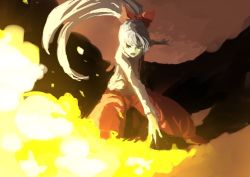 Rule 34 | 1girl, bad id, bad twitter id, bow, fire, fire, fujiwara no mokou, hair bow, leaning forward, long hair, long sleeves, nuqura, open mouth, outstretched arms, pants, ponytail, red eyes, shirt, silver hair, solo, suspenders, touhou, very long hair
