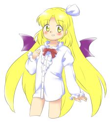 Rule 34 | 1girl, :d, bat wings, blonde hair, blush, buttons, cropped legs, flat chest, hair ribbon, hand up, kurumi (touhou), long sleeves, nonamejd, official style, open mouth, parted bangs, purple wings, red ribbon, ribbon, shirt, simple background, smile, solo, touhou, touhou (pc-98), white background, white ribbon, white shirt, wings, yellow eyes, zun (style)