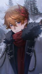 Rule 34 | 1boy, absurdres, aiguillette, blue eyes, blurry, closed mouth, coat, depth of field, earrings, fur-trimmed coat, fur trim, genshin impact, highres, jewelry, looking at viewer, male focus, mask, mask on head, mmlyno, orange hair, red mask, red scarf, scarf, short hair, snowing, solo, tartaglia (genshin impact), upper body, white coat