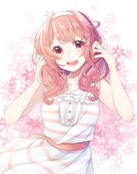 Rule 34 | 1girl, :d, bad id, bad pixiv id, bang dream!, dress, floral background, hair down, hairband, hands in hair, long hair, looking at viewer, maruyama aya, nekotemari, open mouth, pink eyes, pink hair, pink theme, round teeth, smile, solo, striped clothes, striped dress, teeth, upper teeth only, white hairband