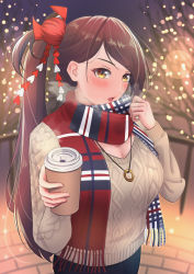 Rule 34 | 1girl, alternate costume, azur lane, beige sweater, blurry, blurry background, blush, breasts, brown hair, casual, coffee cup, cup, disposable cup, flower, hair flower, hair ornament, high ponytail, highres, holding, holding cup, jewelry, juuichiban, large breasts, long hair, looking at viewer, necklace, open mouth, outdoors, red flower, red scarf, scarf, solo, standing, very long hair, yellow eyes, zuikaku (azur lane)