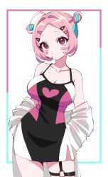 Rule 34 | 1girl, absurdres, ahoge, alternate costume, alternate hairstyle, aqua hair, bare shoulders, black dress, blush stickers, breasts, cleavage, closed mouth, collarbone, colored inner hair, commentary, double bun, dress, forehead, hair bun, hair intakes, hair ornament, hairclip, heart, heart print, highres, idolmaster, idolmaster cinderella girls, idolmaster cinderella girls starlight stage, jacket, jacket partially removed, large breasts, multicolored clothes, multicolored dress, multicolored hair, o-ring, o-ring thigh strap, pink dress, pink eyes, pink hair, raised eyebrows, sleeveless, sleeveless dress, solo, standing, sukoyaka (100hituzi), thigh strap, two-tone hair, white background, white jacket, yumemi riamu