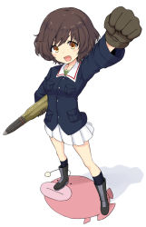Rule 34 | 10s, 1girl, akiyama yukari, anglerfish, black footwear, black gloves, black socks, blue jacket, boots, brown eyes, brown hair, clenched hand, commentary, emblem, fish, foreshortening, full body, girls und panzer, gloves, green shirt, highres, holding, jacket, long sleeves, looking at viewer, messy hair, military, military uniform, miniskirt, ooarai military uniform, open mouth, pleated skirt, raised fist, shadow, shirt, short hair, simple background, skirt, smile, socks, solo, standing, tank shell, uniform, uro (urotanc), v-shaped eyebrows, white background, white skirt, zipper