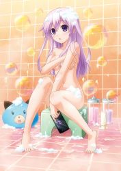 Rule 34 | 10s, 1girl, barefoot, bath, bathing, bathroom, covering privates, covering breasts, dogoo, feet, long hair, nepgear, neptune (series), nude, official art, purple hair, rubber duck, soap, soap bubbles, solo, tiles, toes, tsunako, washing hair, water, wet