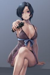 Rule 34 | 1girl, aiming, aiming at viewer, babydoll, bare shoulders, black panties, blue background, blue hair, breasts, breasts apart, collarbone, commentary request, crossed legs, fate/grand order, fate (series), gun, highres, lips, looking at viewer, medium breasts, panties, parted lips, purple eyes, ranma (kamenrideroz), riyo servant (babydoll) (fate), see-through, shiny skin, short hair, simple background, sitting, solo, strap slip, underwear, weapon