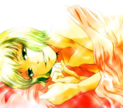 Rule 34 | 10s, 1girl, bad id, bad pixiv id, bed sheet, blanket, green eyes, green hair, huang baoling, looking at viewer, lying, matching hair/eyes, naked sheet, nude, on side, rduuroorn, short hair, solo, tiger &amp; bunny, under covers