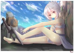 Rule 34 | 1girl, bandages, bare legs, barefoot, breasts, day, folded ponytail, head tilt, league of legends, looking at viewer, medium breasts, navel, panties, pantyshot, red eyes, riven (league of legends), ryu narb, sarashi, sign, silver hair, sitting, sky, smile, solo, sword, underboob, underwear, weapon