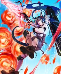 Rule 34 | 1girl, absurdres, anaguma keigo, animal ears, arknights, blaze (arknights), blue eyes, blue hair, breasts, cat ears, chainsaw, explosion, falling, framed breasts, grin, hairband, highres, huge filesize, knee pads, large breasts, long hair, motion blur, red hairband, smile, solo, tail