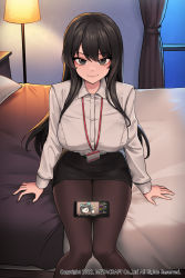 Rule 34 | 1girl, absurdres, bed, black eyes, black hair, black pantyhose, breasts, cain (gunnermul), copyright request, eyeliner, highres, korean commentary, lamp, large breasts, long hair, looking at viewer, makeup, name tag, pantyhose, pencil skirt, sitting, skirt, smile, solo