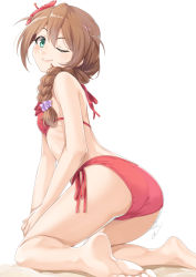 Rule 34 | 1girl, ;), ass, baba konomi, bare arms, bare legs, bare shoulders, barefoot, bikini, braid, brown hair, closed mouth, commentary request, flower, from behind, green eyes, hair between eyes, hair flower, hair ornament, hair over shoulder, hair scrunchie, halterneck, idolmaster, idolmaster million live!, kneeling, long hair, looking at viewer, looking back, miri (ago550421), one eye closed, purple scrunchie, red bikini, red flower, scrunchie, side-tie bikini bottom, signature, single braid, smile, soles, solo, string bikini, swimsuit, white background
