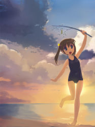 Rule 34 | 1girl, barefoot, beach, blue eyes, brown hair, child, ezakishii, faux traditional media, flat chest, happy, one-piece swimsuit, school swimsuit, smile, solo, sunset, swimsuit, tanabata, twig, twintails, water